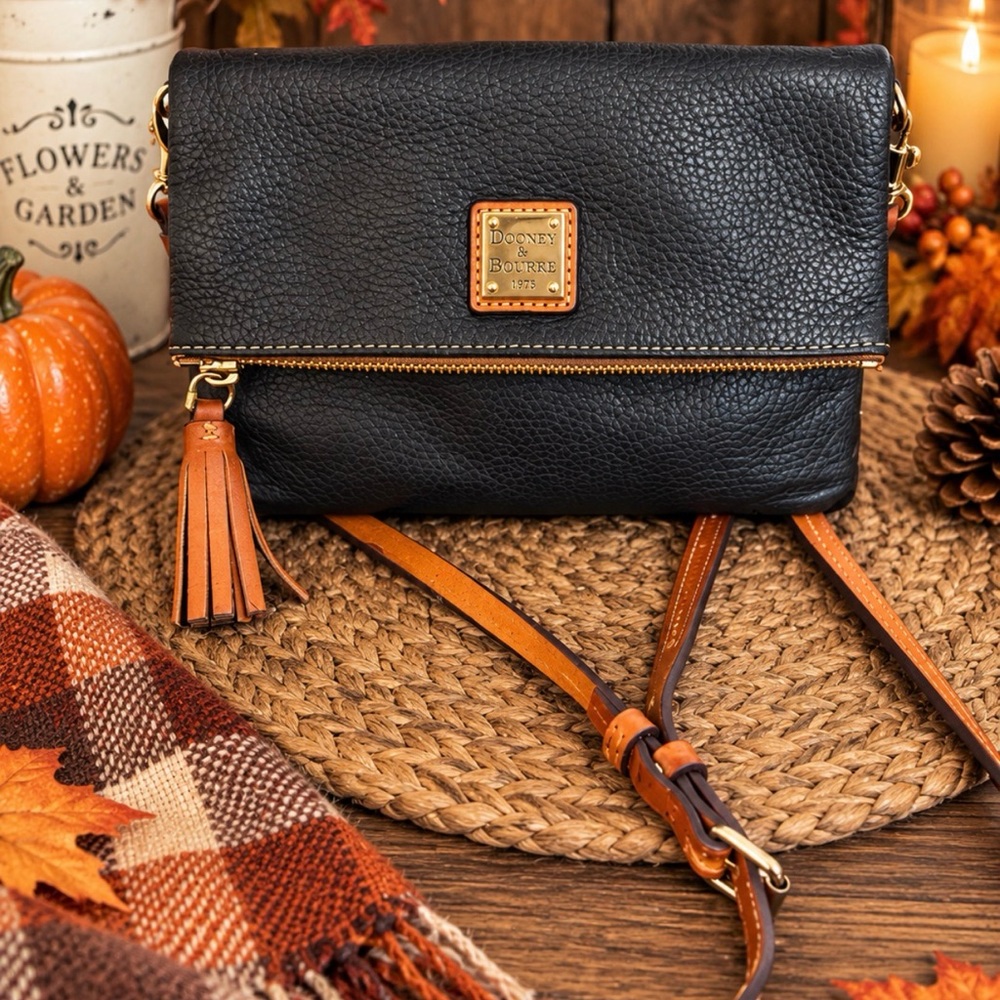 Dooney & Bourke Black Leather Crossbody with Brown Trim and Tassel